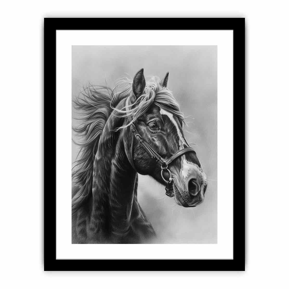 Realistic black and white horse portrait canvas art for equestrian home decor.