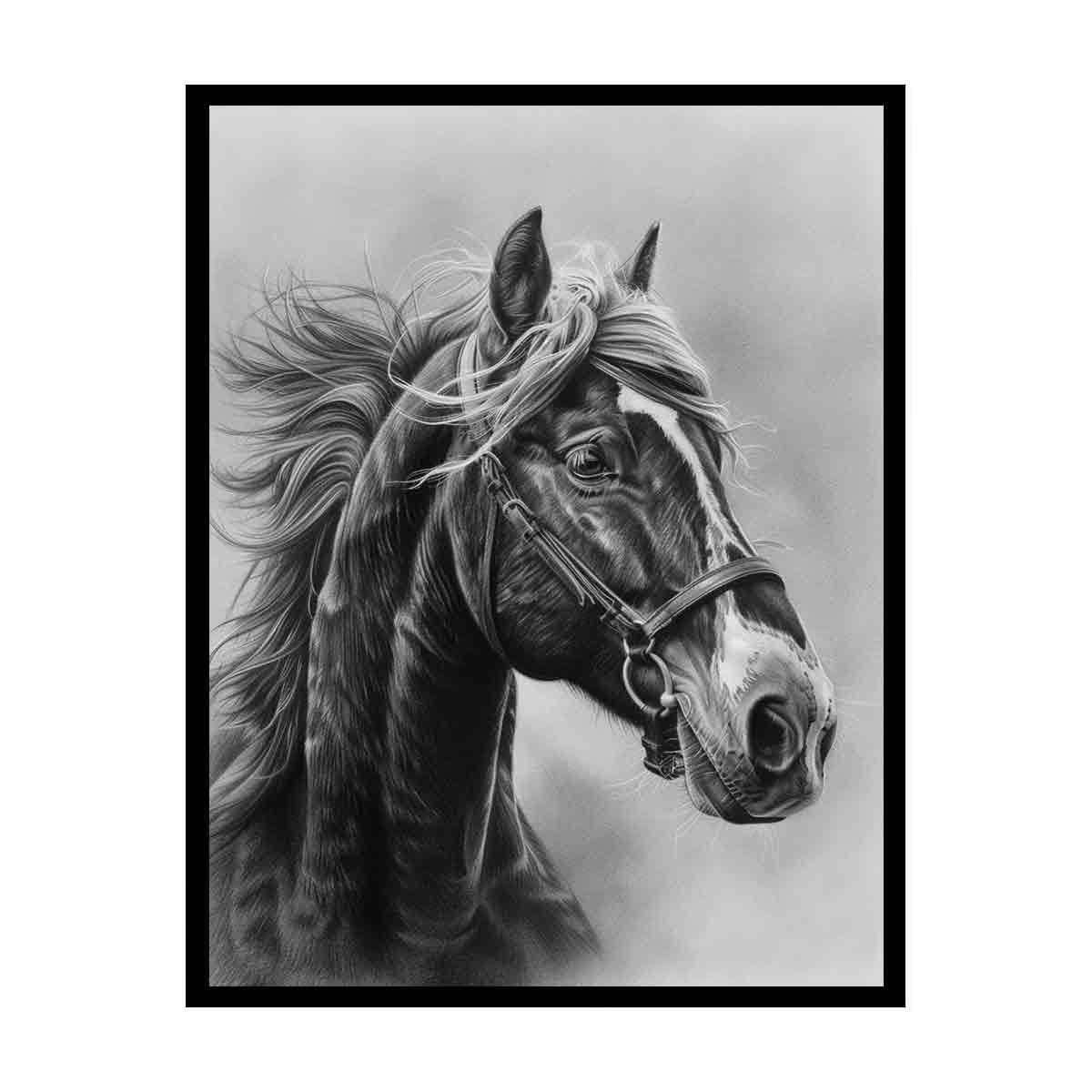 Realistic black and white horse portrait canvas art for equestrian home decor.