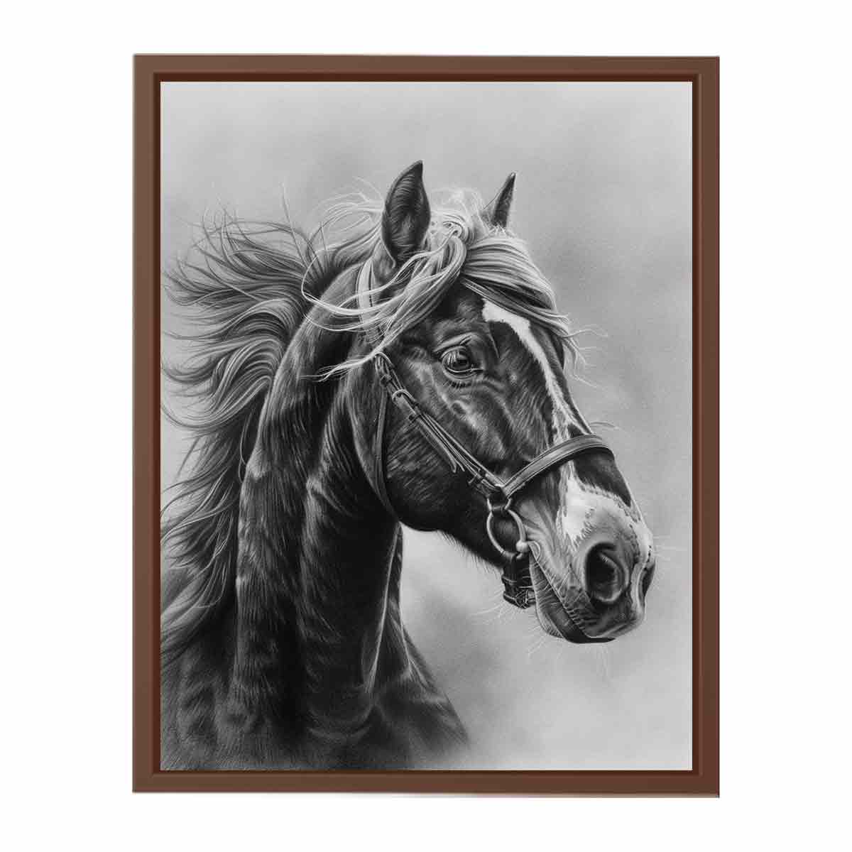 Realistic black and white horse portrait canvas art for equestrian home decor.