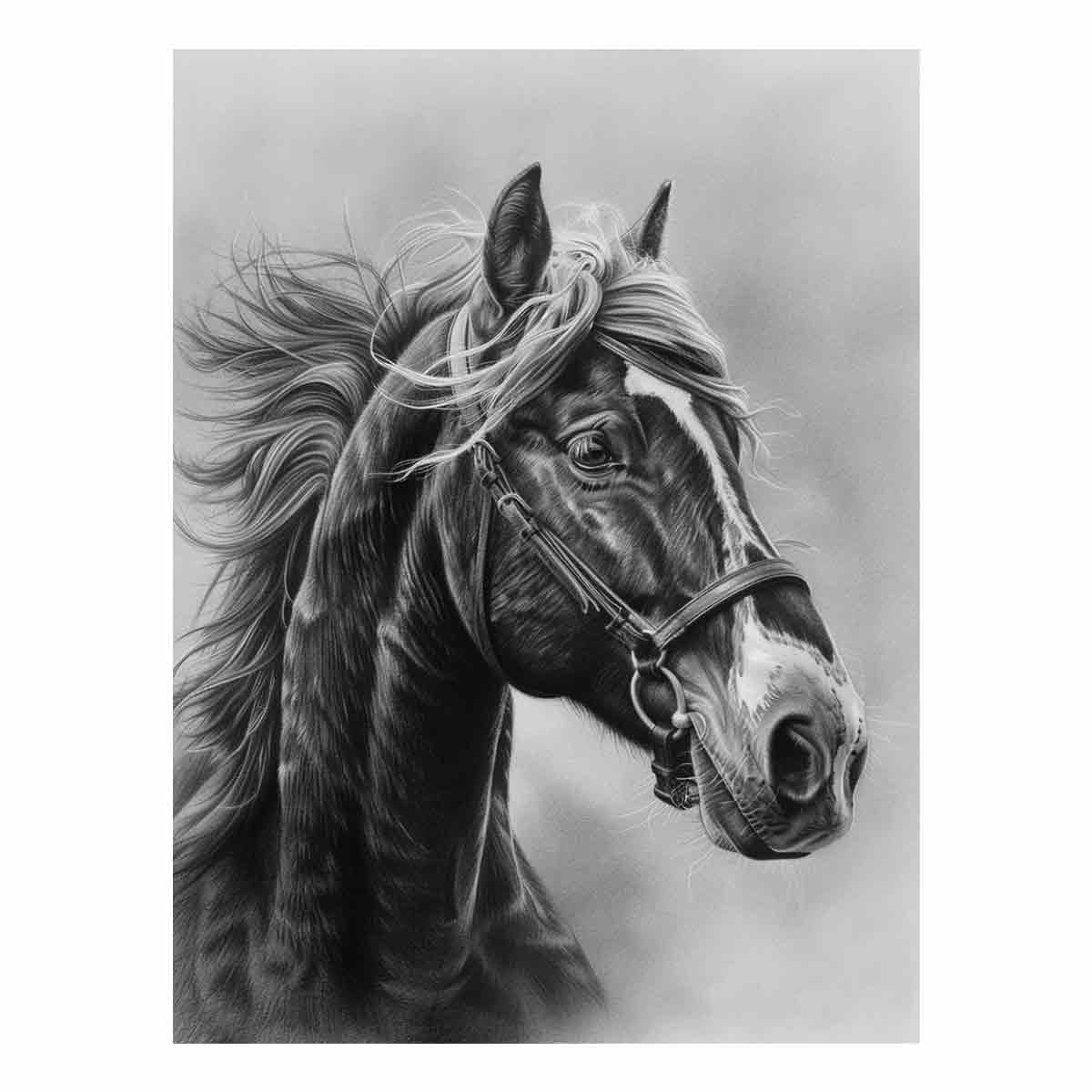 Realistic black and white horse portrait canvas art for equestrian home decor.