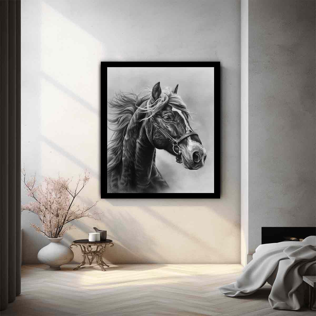 Realistic black and white horse portrait canvas art for equestrian home decor.