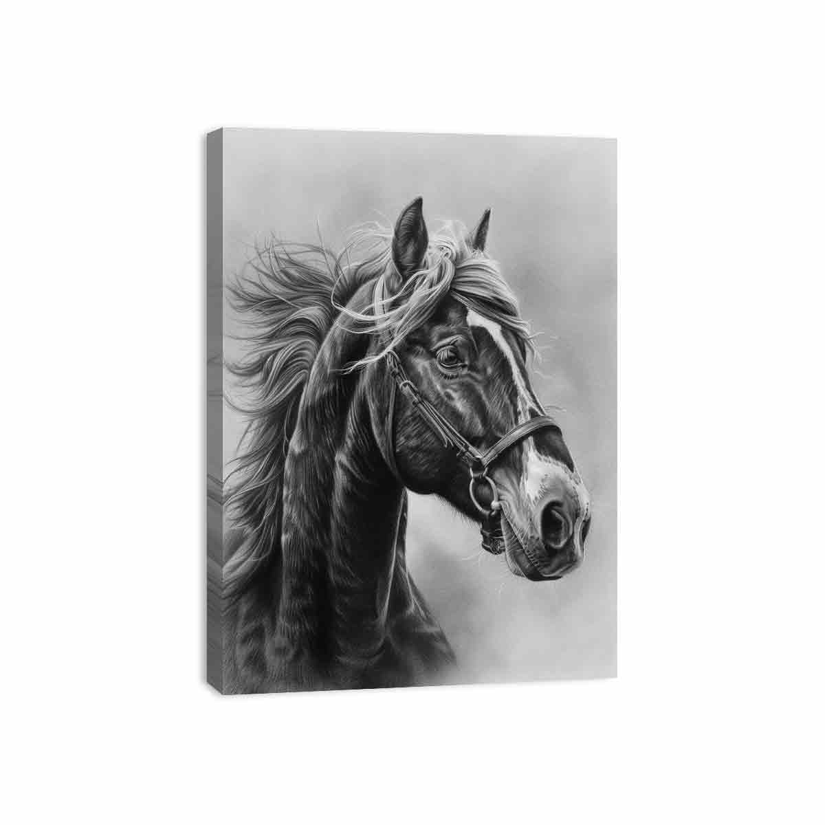 Realistic black and white horse portrait canvas art for equestrian home decor.