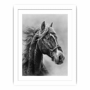 Realistic black and white horse portrait canvas art for equestrian home decor.