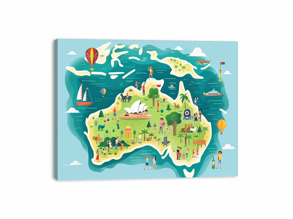 Island Journey playful illustrated travel canvas print featuring Australia map for kids room decor.