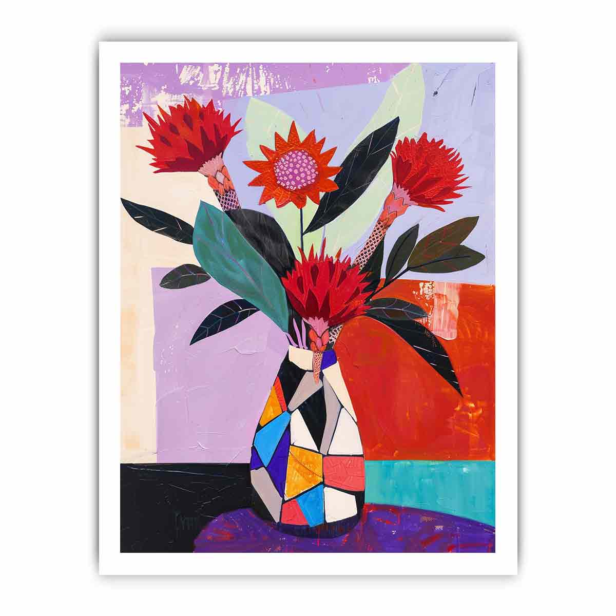 Protea Mosaic bold contemporary floral canvas print featuring native flowers for living room decor.