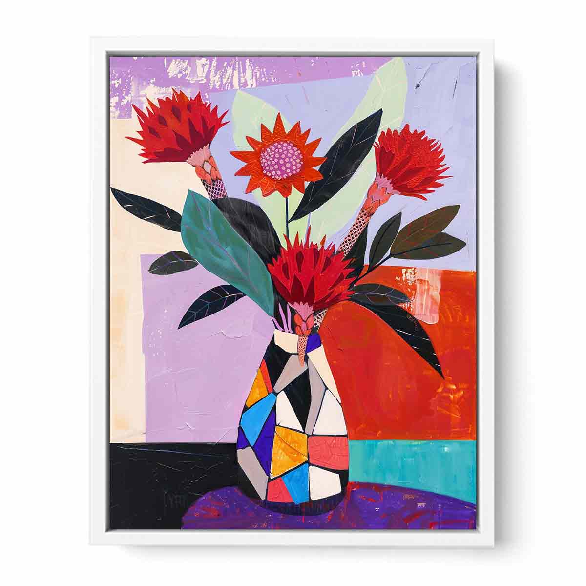 Protea Mosaic bold contemporary floral canvas print featuring native flowers for living room decor.