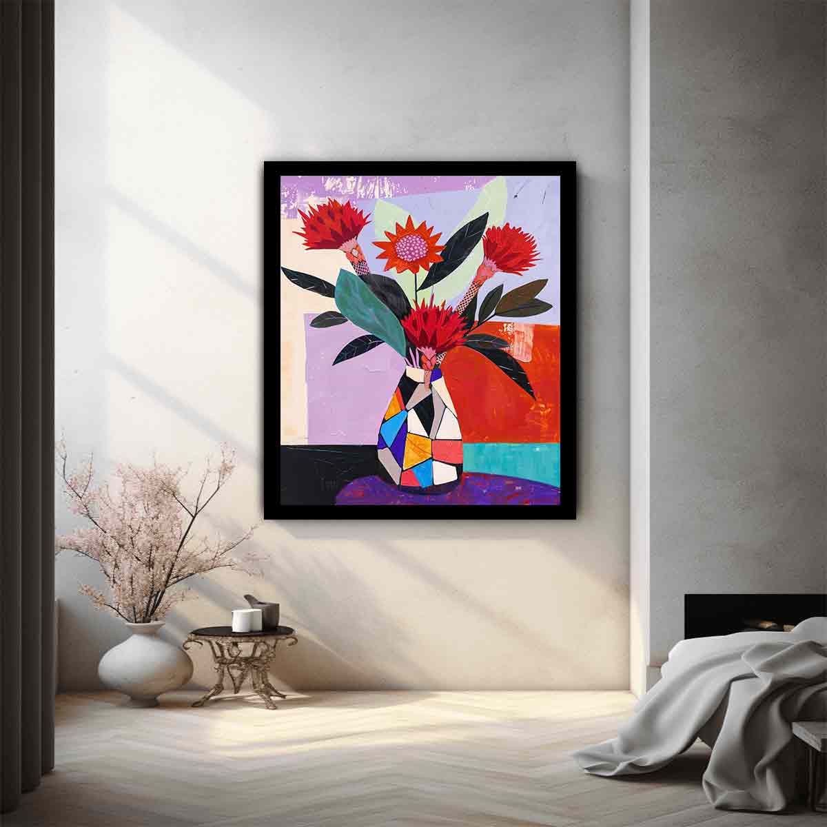 Protea Mosaic bold contemporary floral canvas print featuring native flowers for living room decor.