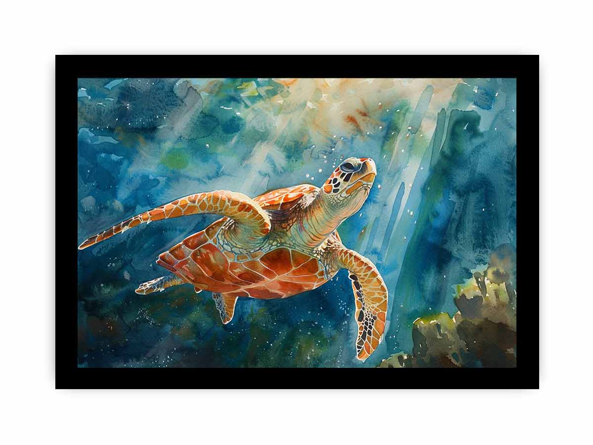 Reef Ascension watercolor ocean wildlife art featuring sea turtle for living room decor.
