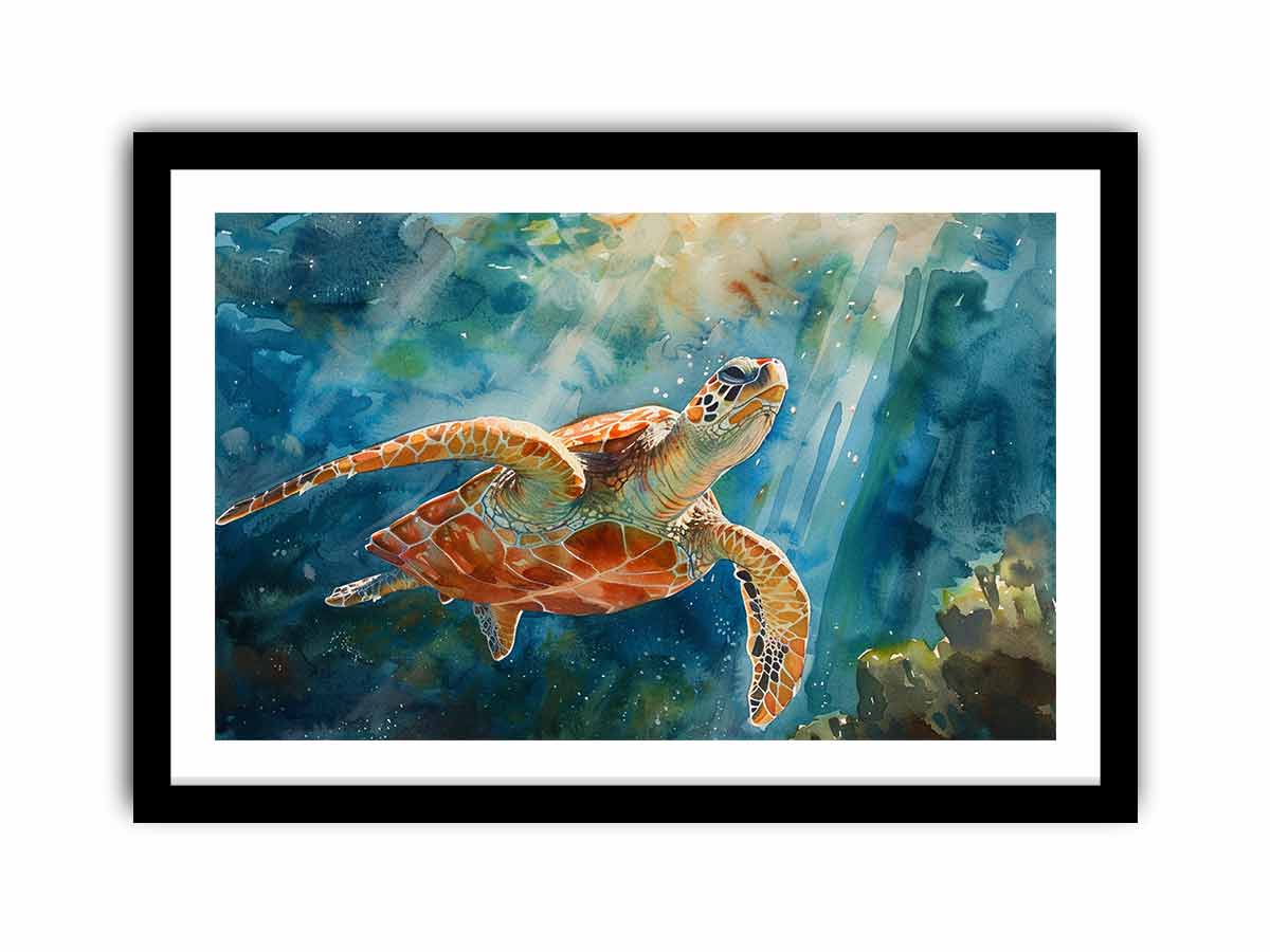 Reef Ascension watercolor ocean wildlife art featuring sea turtle for living room decor.