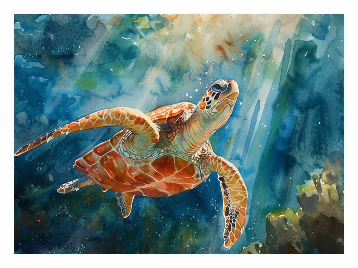 Reef Ascension watercolor ocean wildlife art featuring sea turtle for living room decor.