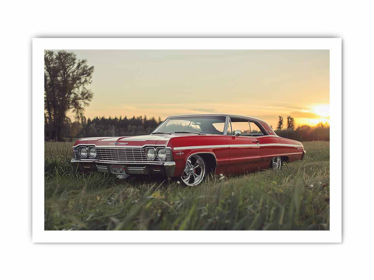 Sunset Impala vintage automotive photography print featuring classic car for garage decor.