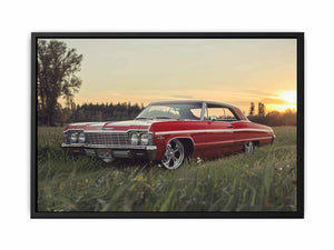 Sunset Impala vintage automotive photography print featuring classic car for garage decor.