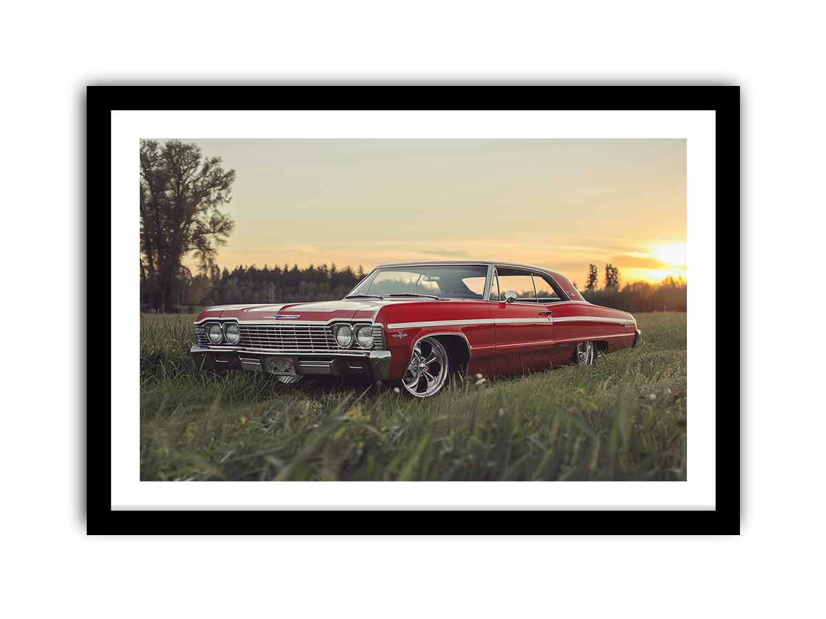 Sunset Impala vintage automotive photography print featuring classic car for garage decor.