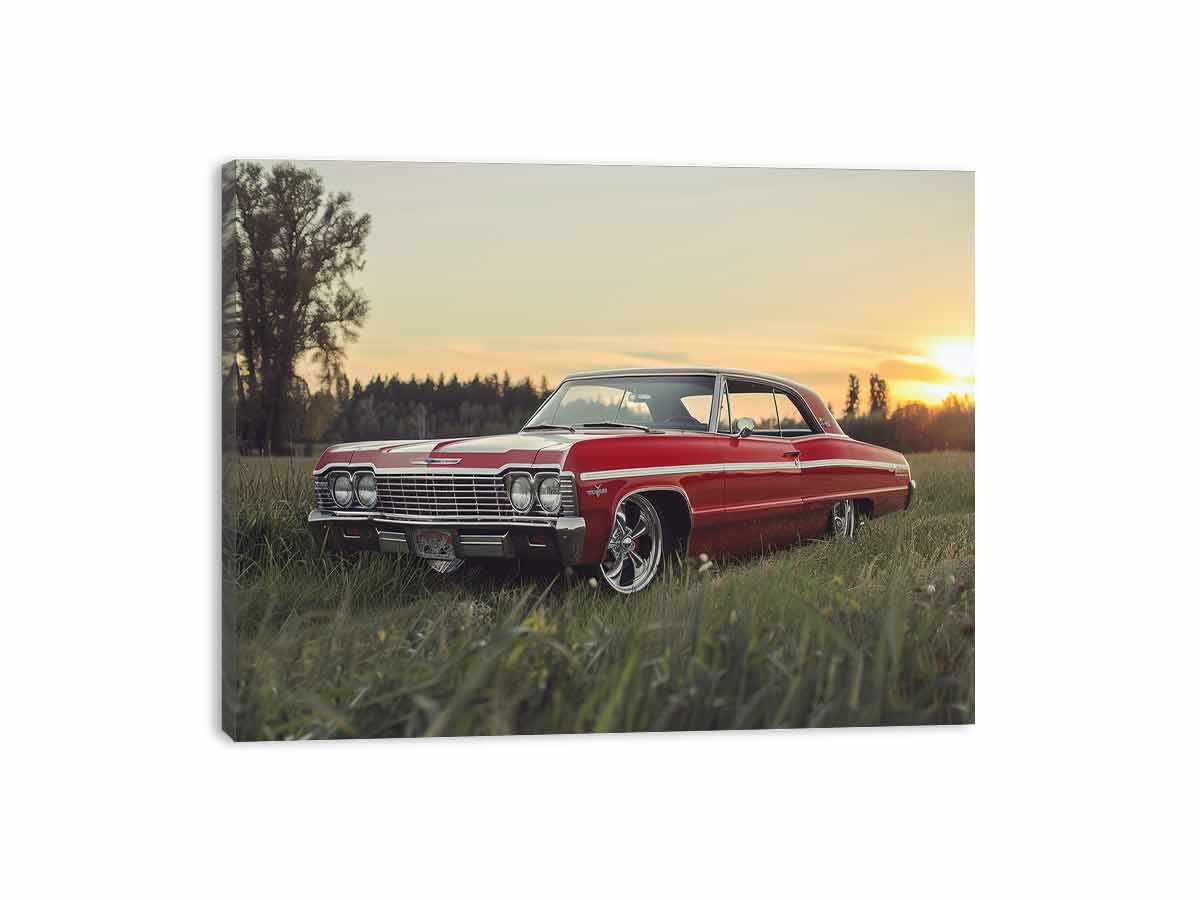 Sunset Impala vintage automotive photography print featuring classic car for garage decor.