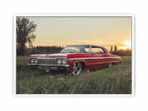 Sunset Impala vintage automotive photography print featuring classic car for garage decor.