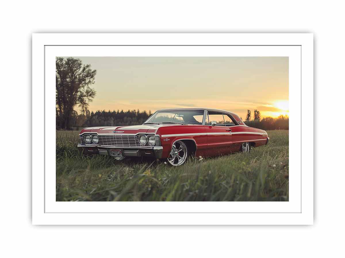 Sunset Impala vintage automotive photography print featuring classic car for garage decor.