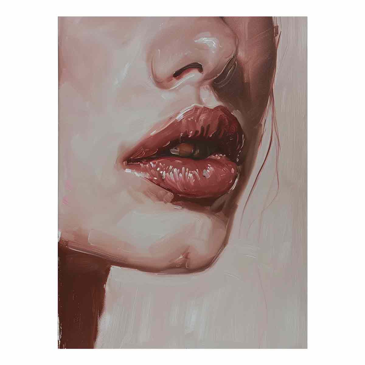 Velvet Whisper fashion portrait canvas art featuring glossy lips for bedroom decor.