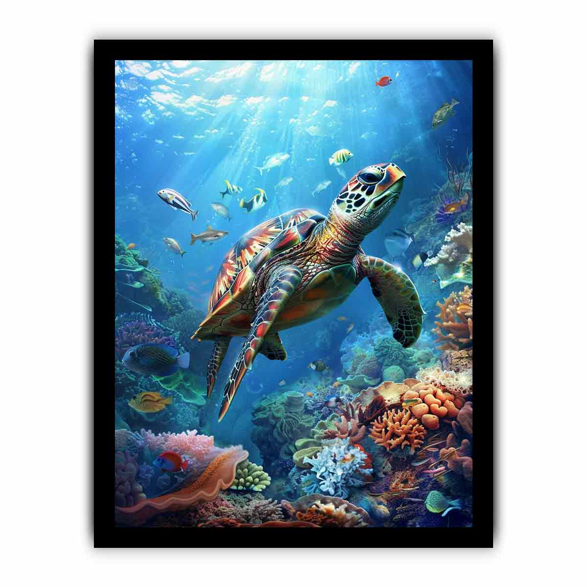 Coral Kingdom vibrant underwater canvas art featuring sea turtle reef for living room decor.