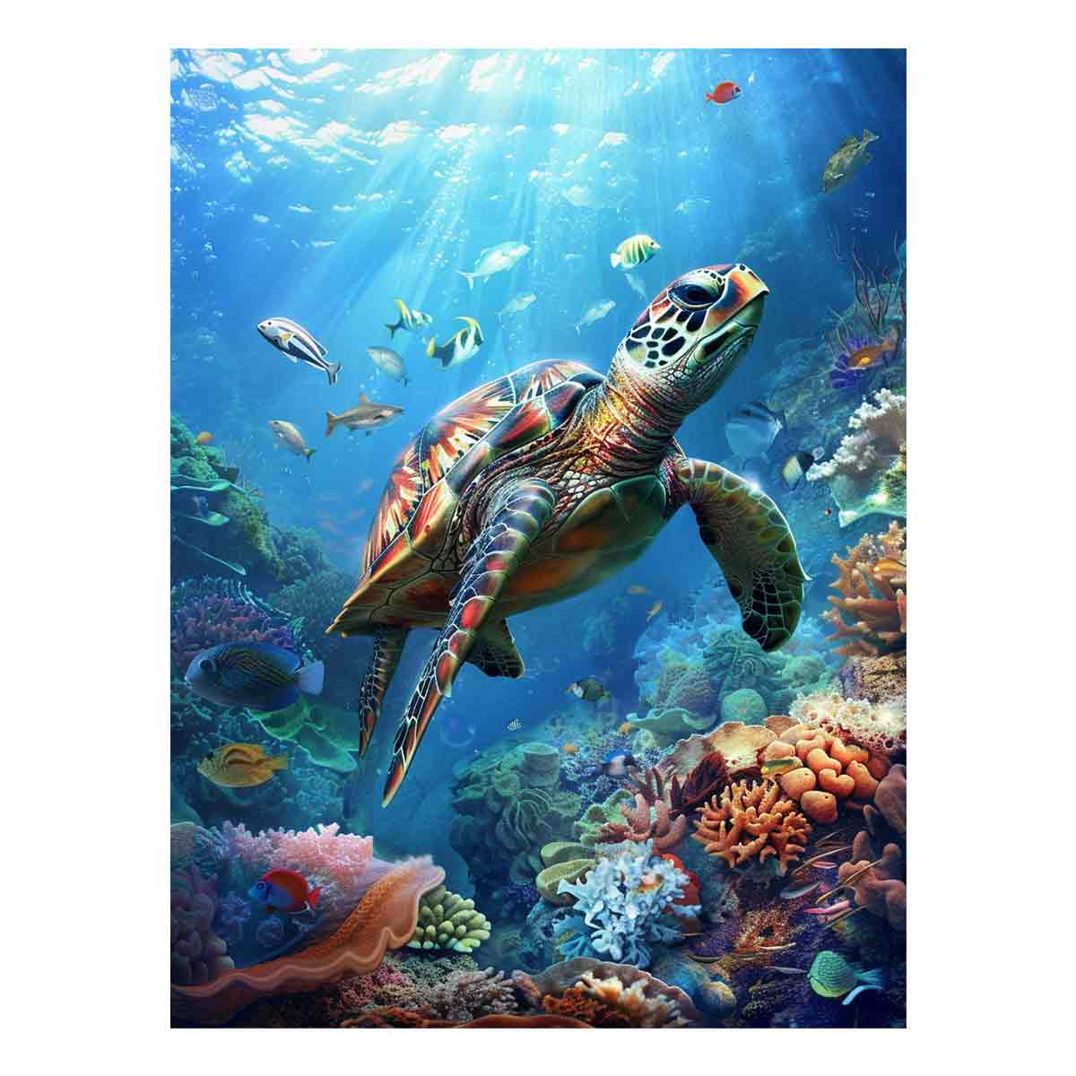 Coral Kingdom vibrant underwater canvas art featuring sea turtle reef for living room decor.