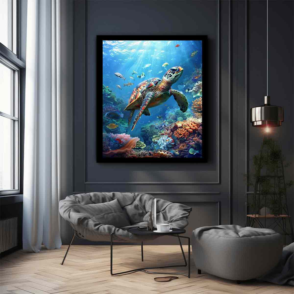 Coral Kingdom vibrant underwater canvas art featuring sea turtle reef for living room decor.