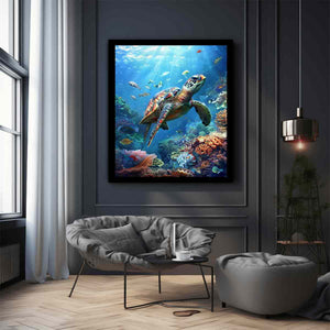 Coral Kingdom vibrant underwater canvas art featuring sea turtle reef for living room decor.