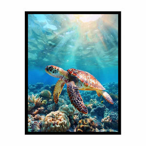 Lagoon Glide coastal underwater canvas print featuring sea turtle for beach house decor.
