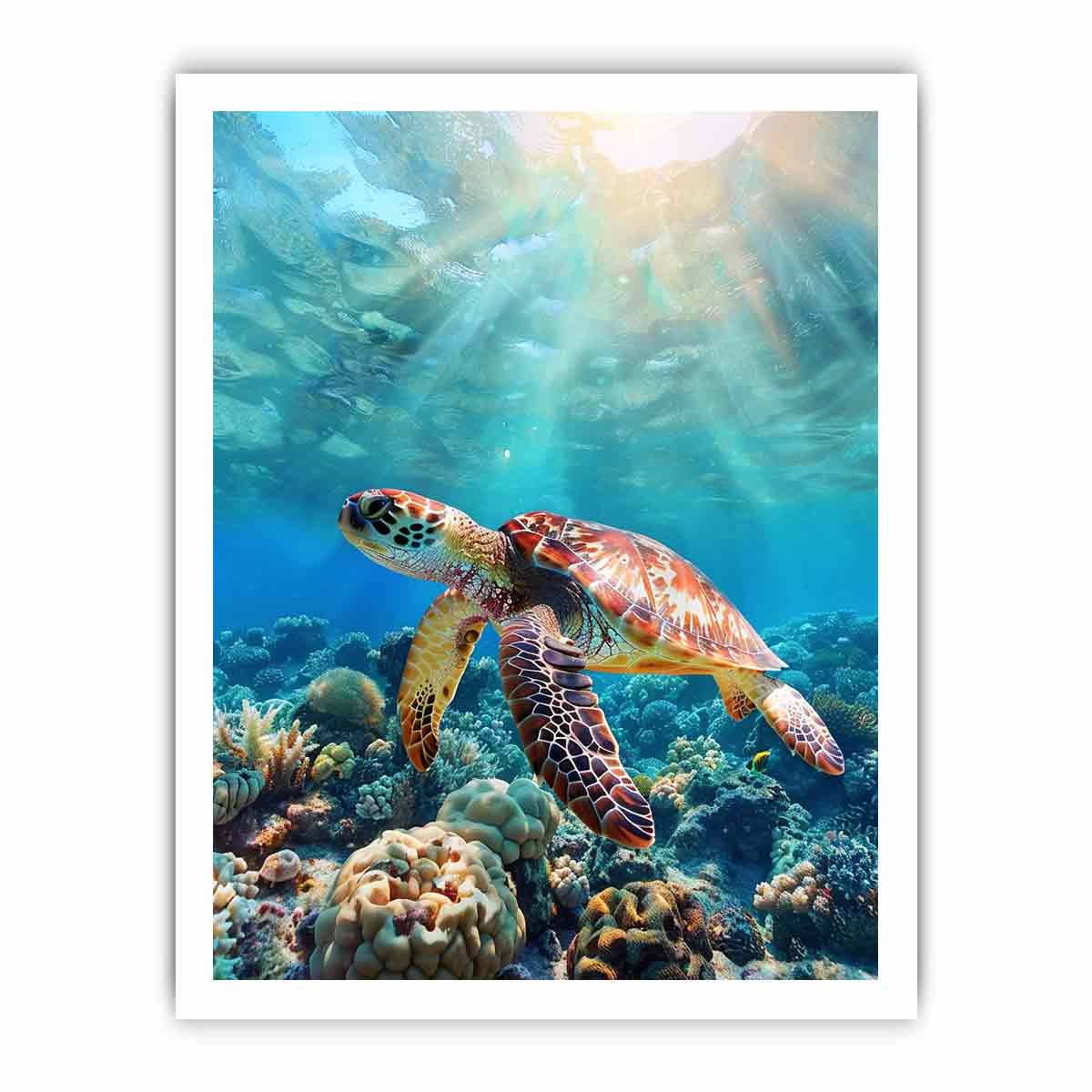 Lagoon Glide coastal underwater canvas print featuring sea turtle for beach house decor.