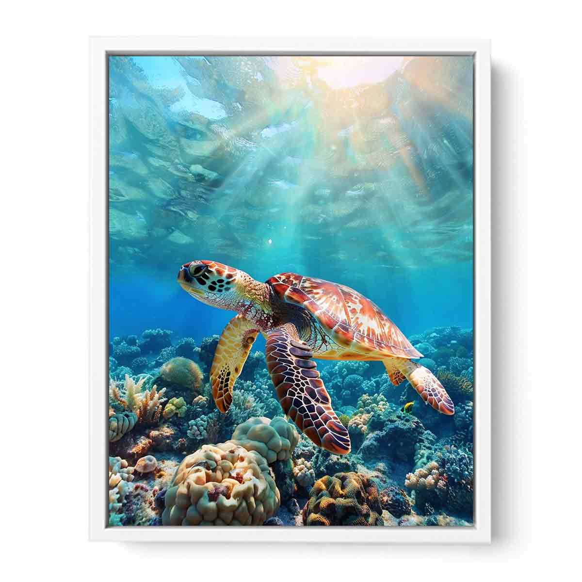 Lagoon Glide coastal underwater canvas print featuring sea turtle for beach house decor.