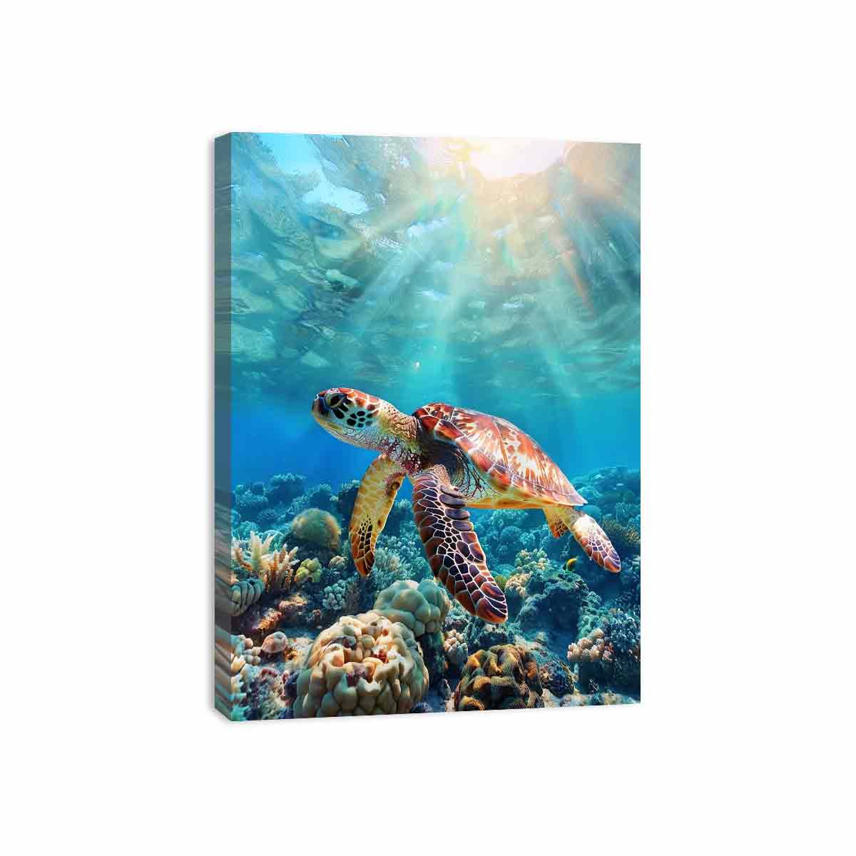 Lagoon Glide coastal underwater canvas print featuring sea turtle for beach house decor.