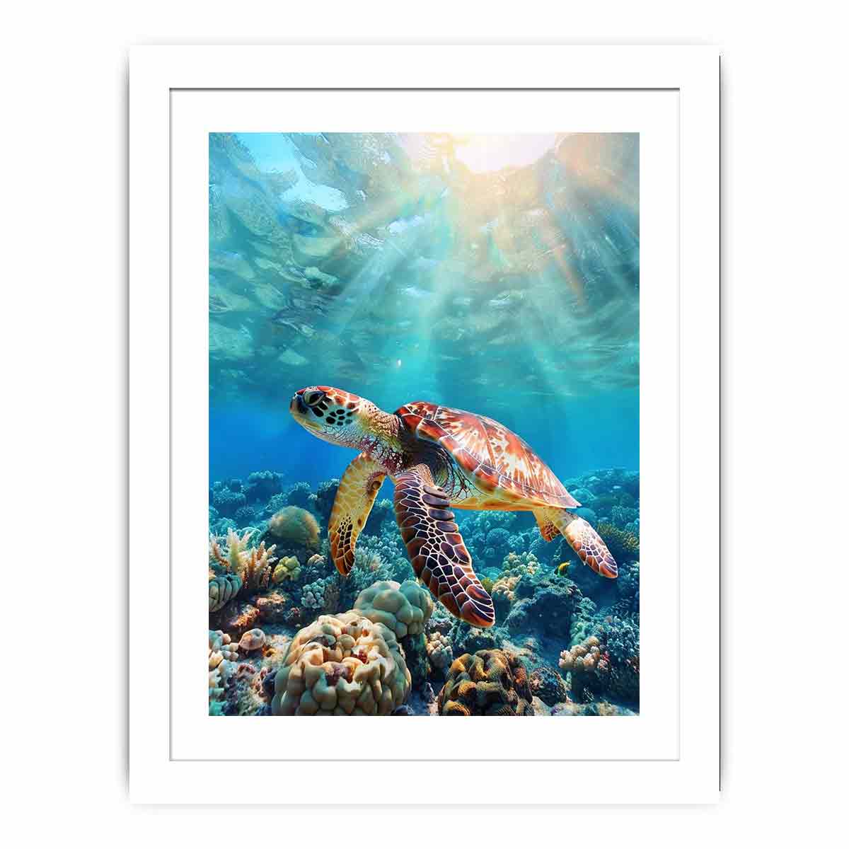 Lagoon Glide coastal underwater canvas print featuring sea turtle for beach house decor.