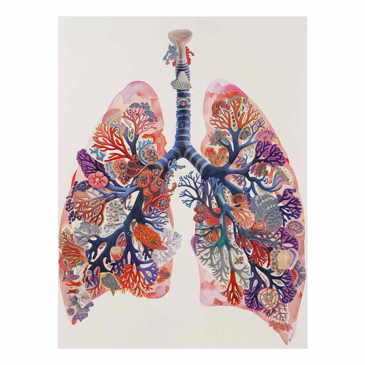 Watercolor lung anatomy art with coral and botanical details for modern office decor.