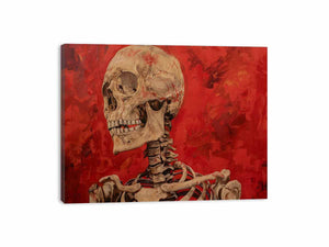 Red skull anatomy canvas art with skeleton detail for dramatic modern office decor.