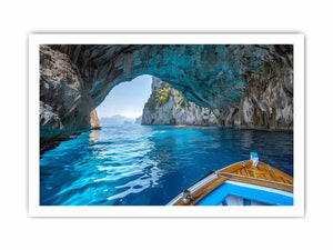 Blue sea cave photography canvas art with boat view for coastal living room decor.