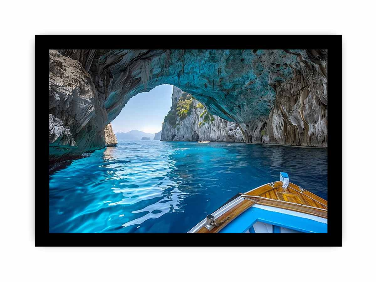 Blue sea cave photography canvas art with boat view for coastal living room decor.