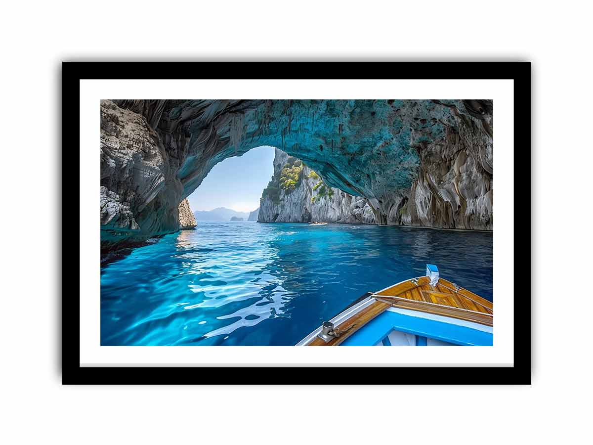 Blue sea cave photography canvas art with boat view for coastal living room decor.