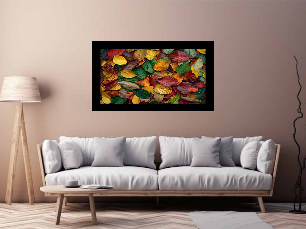Autumn leaf photography canvas art with warm foliage for cozy living room decor.