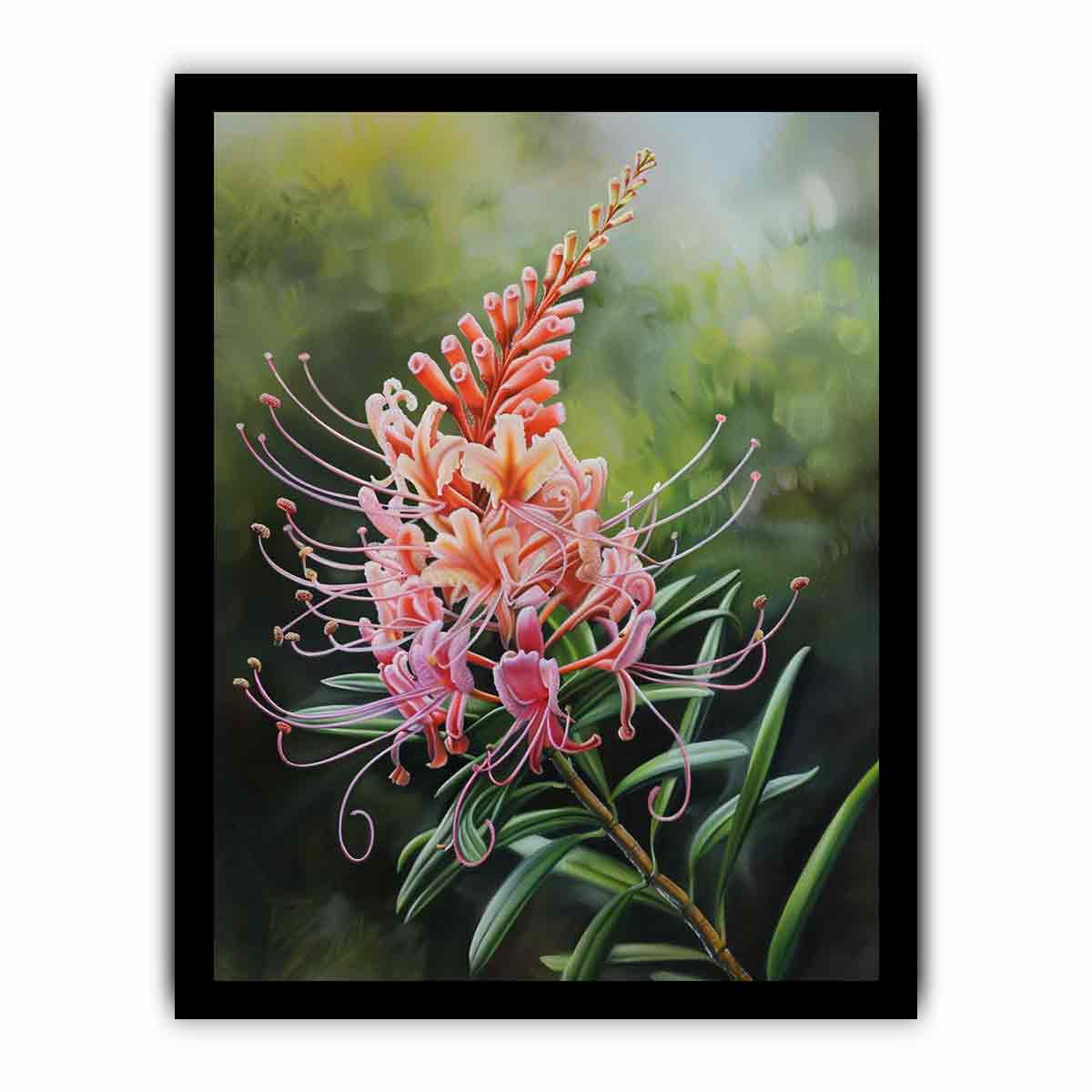 Pink grevillea floral canvas art with soft green leaves for elegant bedroom decor.