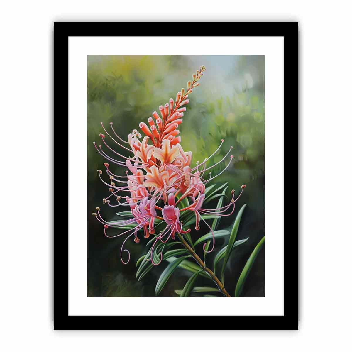 Pink grevillea floral canvas art with soft green leaves for elegant bedroom decor.