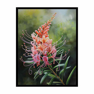 Pink grevillea floral canvas art with soft green leaves for elegant bedroom decor.
