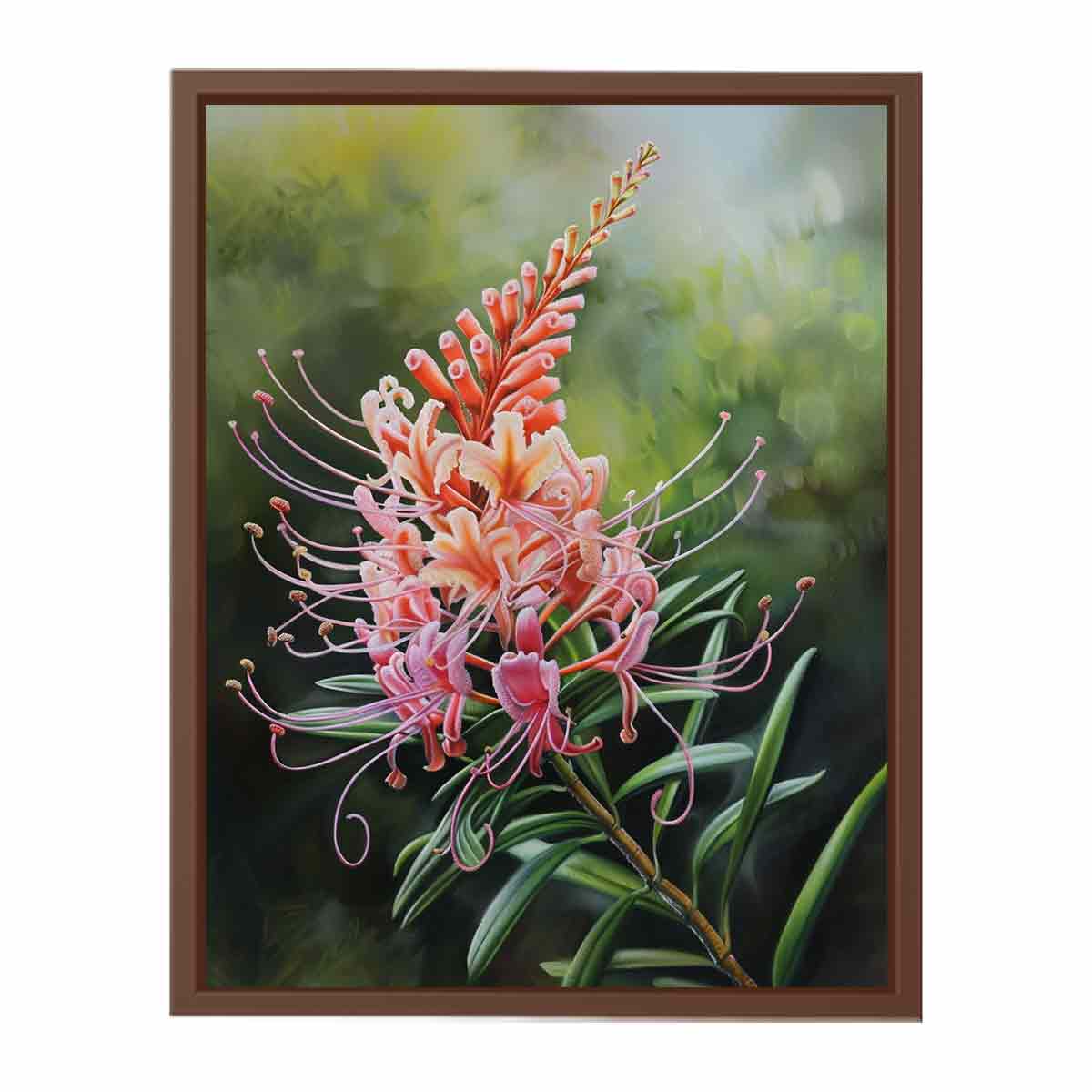 Pink grevillea floral canvas art with soft green leaves for elegant bedroom decor.