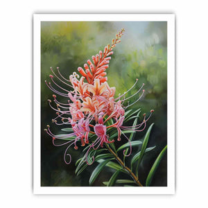Pink grevillea floral canvas art with soft green leaves for elegant bedroom decor.