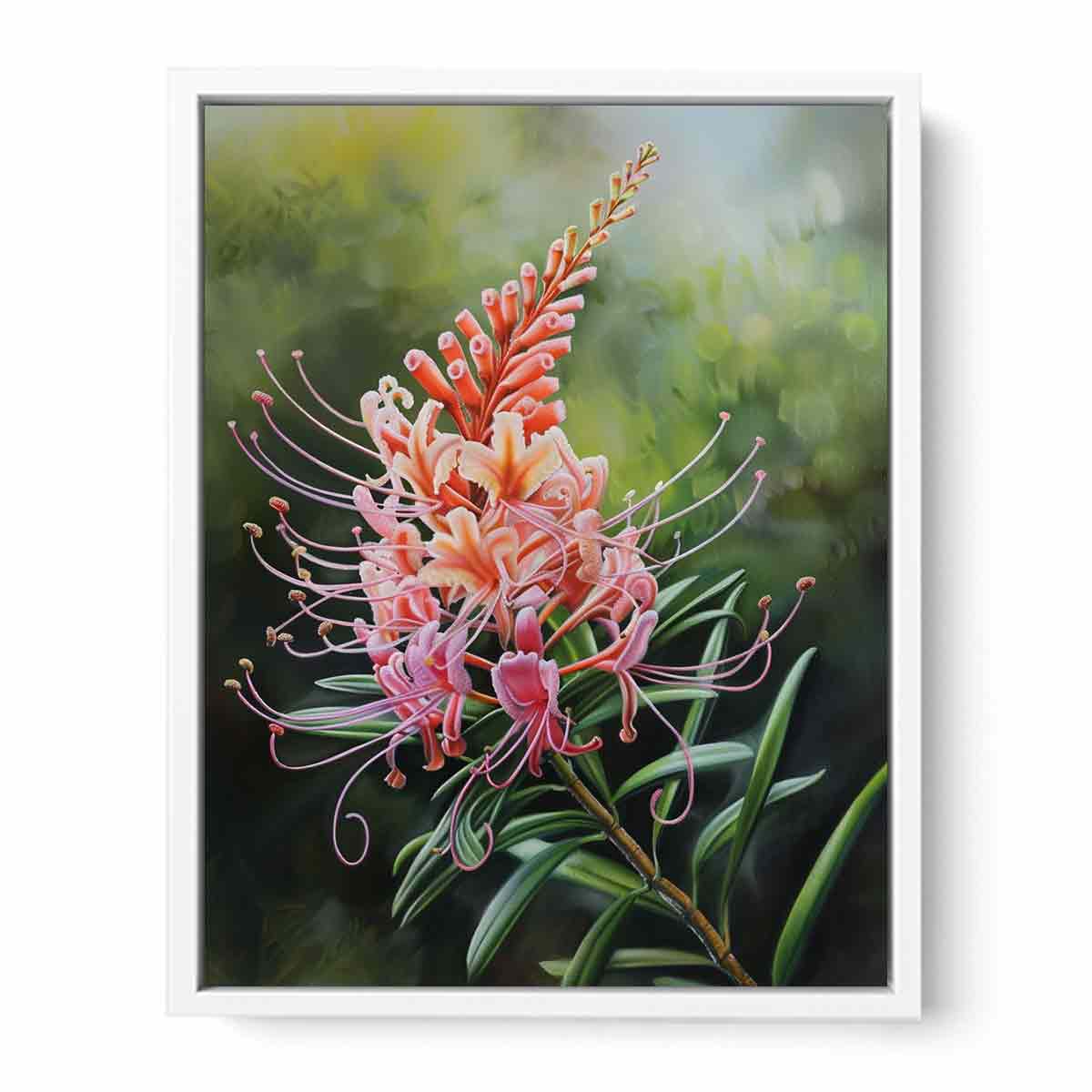 Pink grevillea floral canvas art with soft green leaves for elegant bedroom decor.