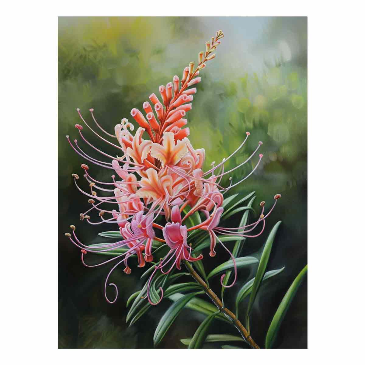 Pink grevillea floral canvas art with soft green leaves for elegant bedroom decor.