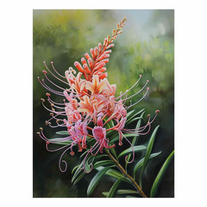 Pink grevillea floral canvas art with soft green leaves for elegant bedroom decor.