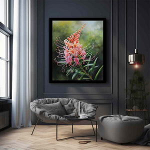 Pink grevillea floral canvas art with soft green leaves for elegant bedroom decor.