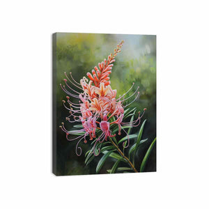 Pink grevillea floral canvas art with soft green leaves for elegant bedroom decor.