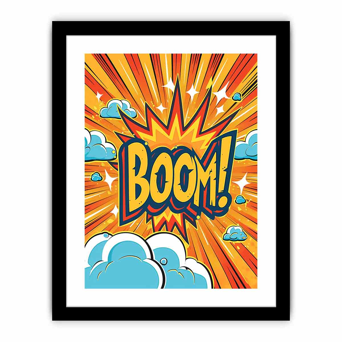 Bright BOOM pop art canvas print with comic clouds for kids room or game room decor.