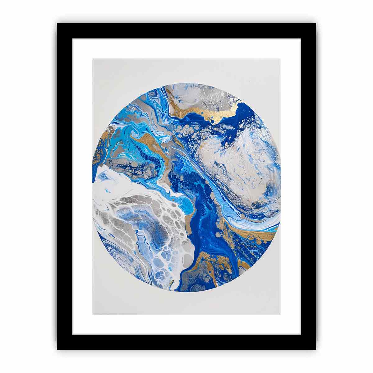Blue and gold abstract circular canvas art with marble texture for modern living room decor.