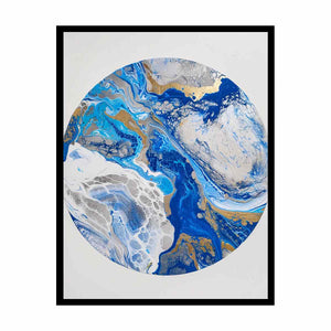Blue and gold abstract circular canvas art with marble texture for modern living room decor.
