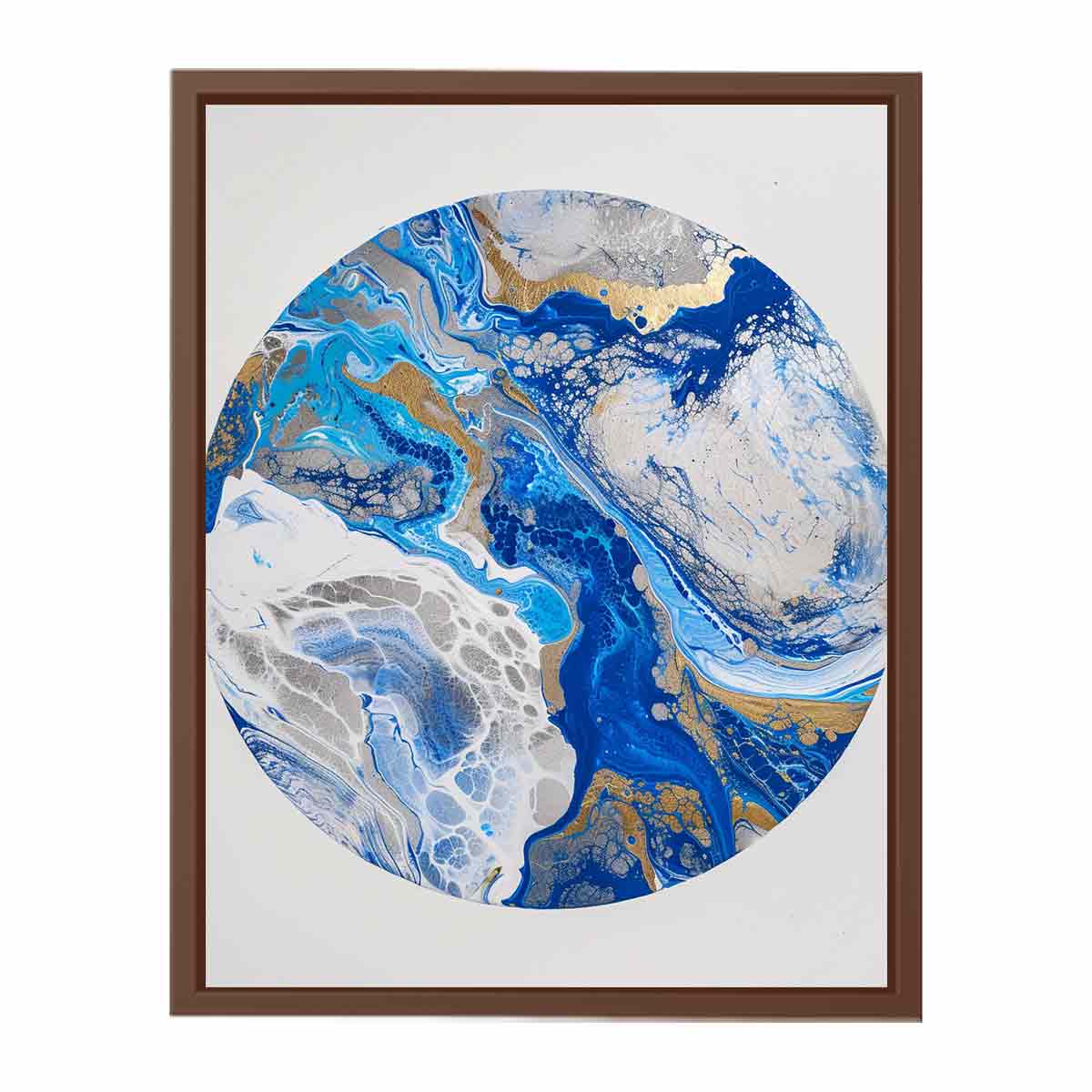 Blue and gold abstract circular canvas art with marble texture for modern living room decor.